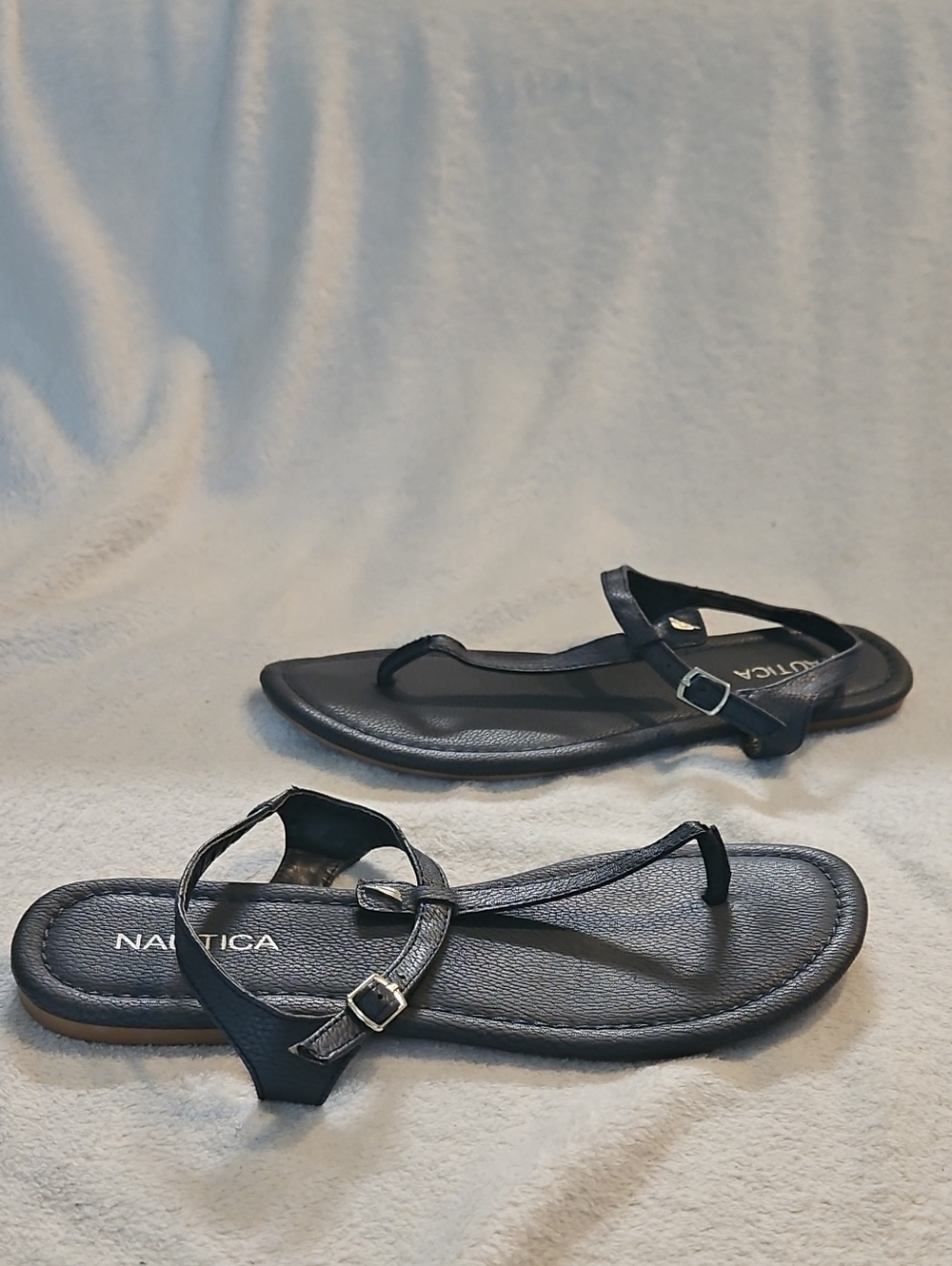 Womens Nautica Navy Pebble Faux Leather T-Strap Adjustable Ankle Strap Sandals - Picture 3 of 7